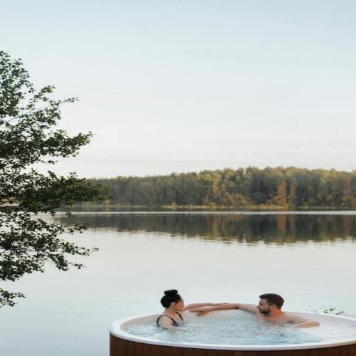 2 person wood hot tub by lake